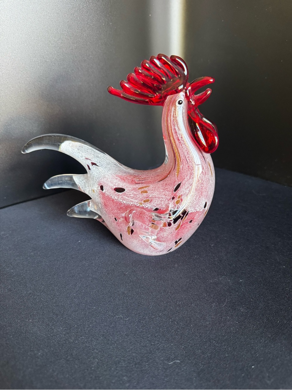 Handblown Pink & Red Glass Rooster Sculpture - Home Art